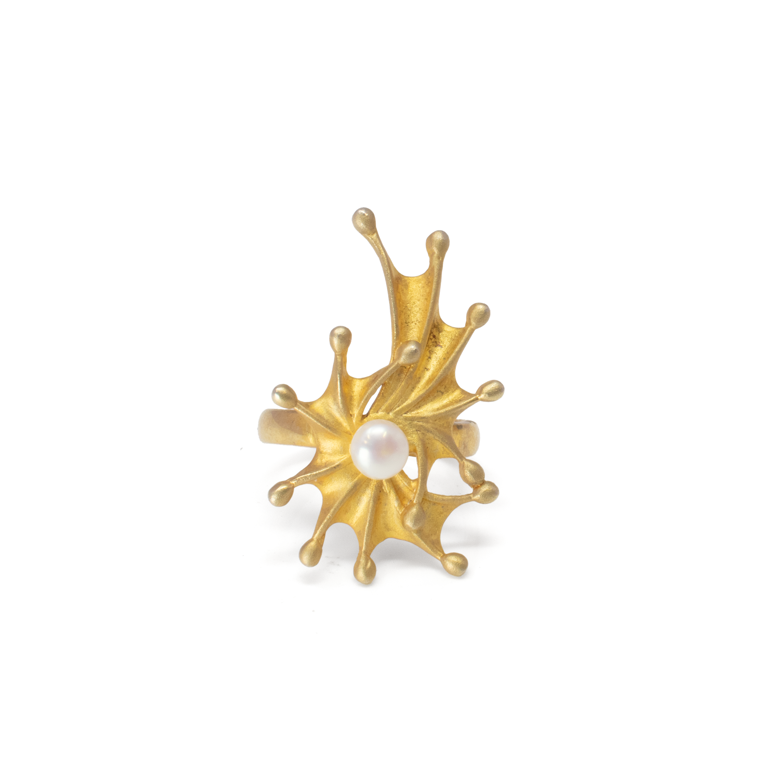 Introducing our exquisite Freshwater Pearl Ring, a captivating piece that beautifully blends elegance and artistry. This stunning piece features an ornate flowing shell design that gracefully cradles a lustrous freshwater pearl at its center, creating an enchanting focal point that draws the eye.Crafted with meticulous attention to detail, the ring is made from premium 925 sterling silver and finished with a luxurious matte gold vermeil, lending it a sophisticated and timeless appeal. The gold vermeil offers a rich, warm glow that enhances the natural beauty of the freshwater pearl, making it a perfect piece for any occasion.Designed for those who appreciate unique and refined jewelry, this Freshwater Pearl Ring is more than just an accessory; it's a statement of elegance and grace. Available in a range of sizes, it's perfect for adding a touch of luxury to your everyday ensemble or complementing your evening attire. Freshwater Pearl Ring - Ornate Flowing Shell With Pearl Center - Matte Gold Vermeil Szadj