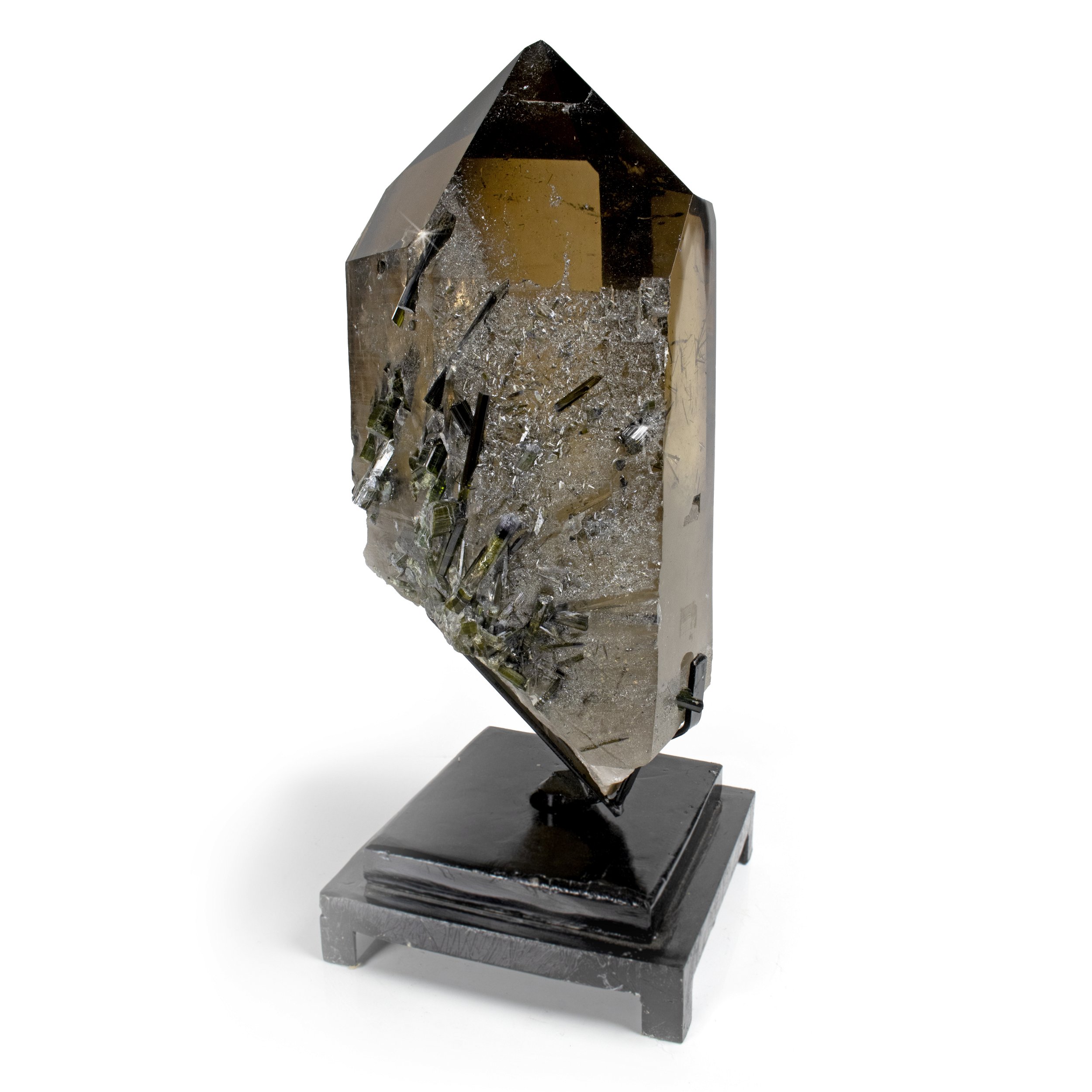 Smoky Quartz With Green Tourmaline Inclusions On One Side - Rotating Fitted Stand From Brazil