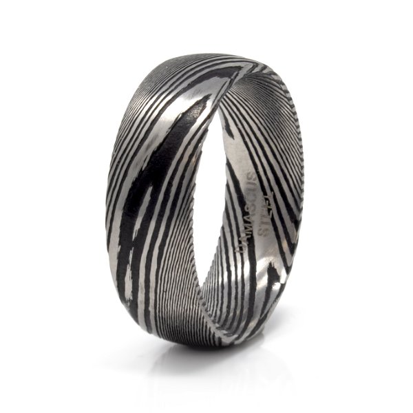 Closeup photo of Damascus Tungsten Ring Size 9.5 - Black & Steel Tone