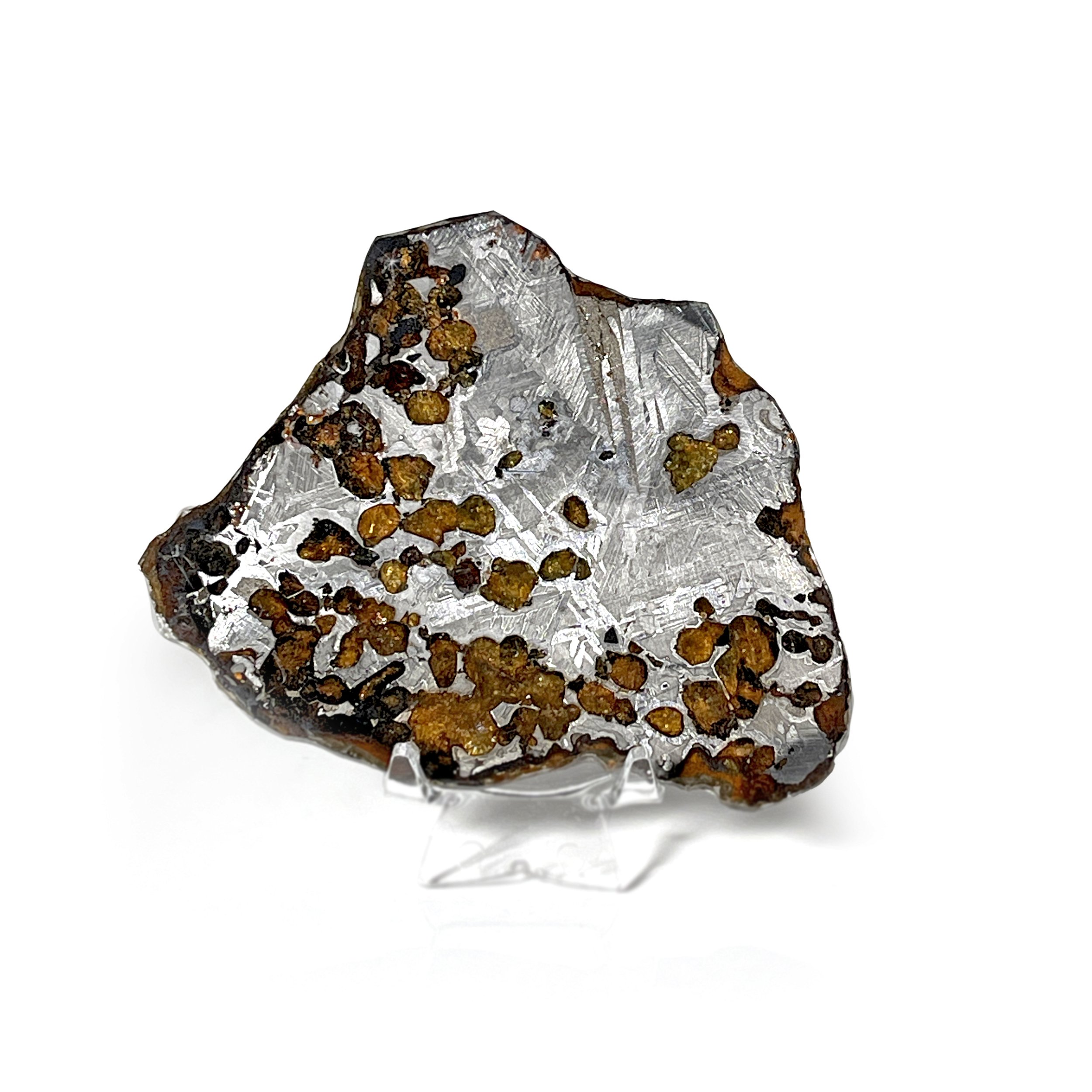 Seymchan Pallasite Meteorite Slice With Iron Nickel Patterns On Half