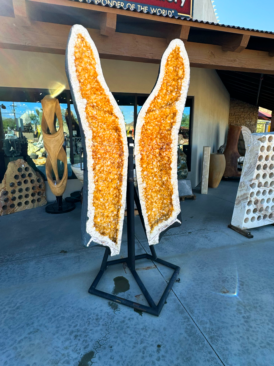 Citrine Geode Butterfly Pair On Fitted Hinge Stand