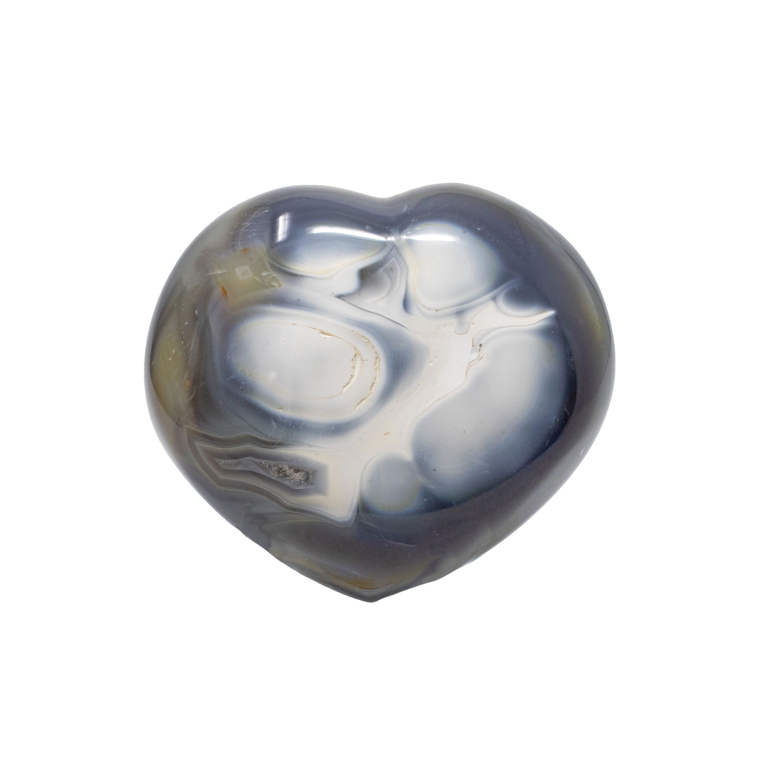 Agate Heart with Blues and White Center on Lucite Stand