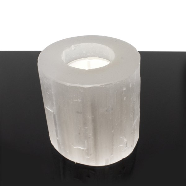 Closeup photo of Selenite Candle Holder -Round With Cut Top