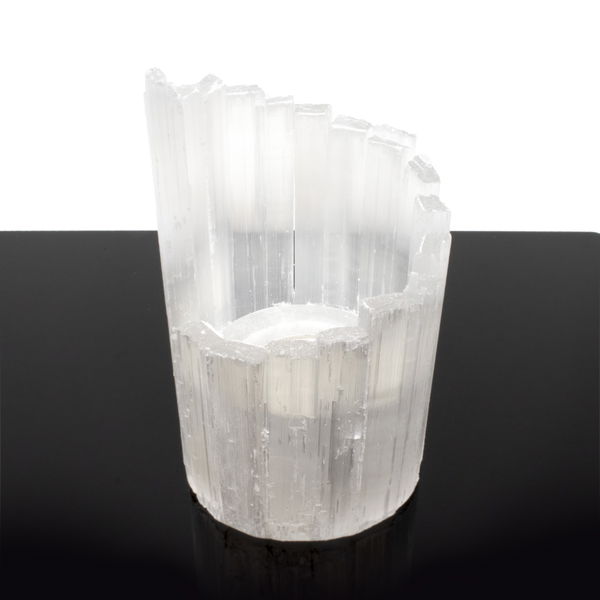Closeup photo of Selenite Candle Holder -Spiral Bars