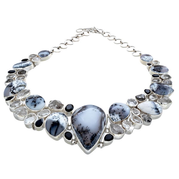 Closeup photo of Dendritic Opal Necklace - Pear & Oval Cabochons With Herkimer Diamonds & Faceted Black Spinel & Faceted White Topaz Matrix With Sterling Silver Bezels