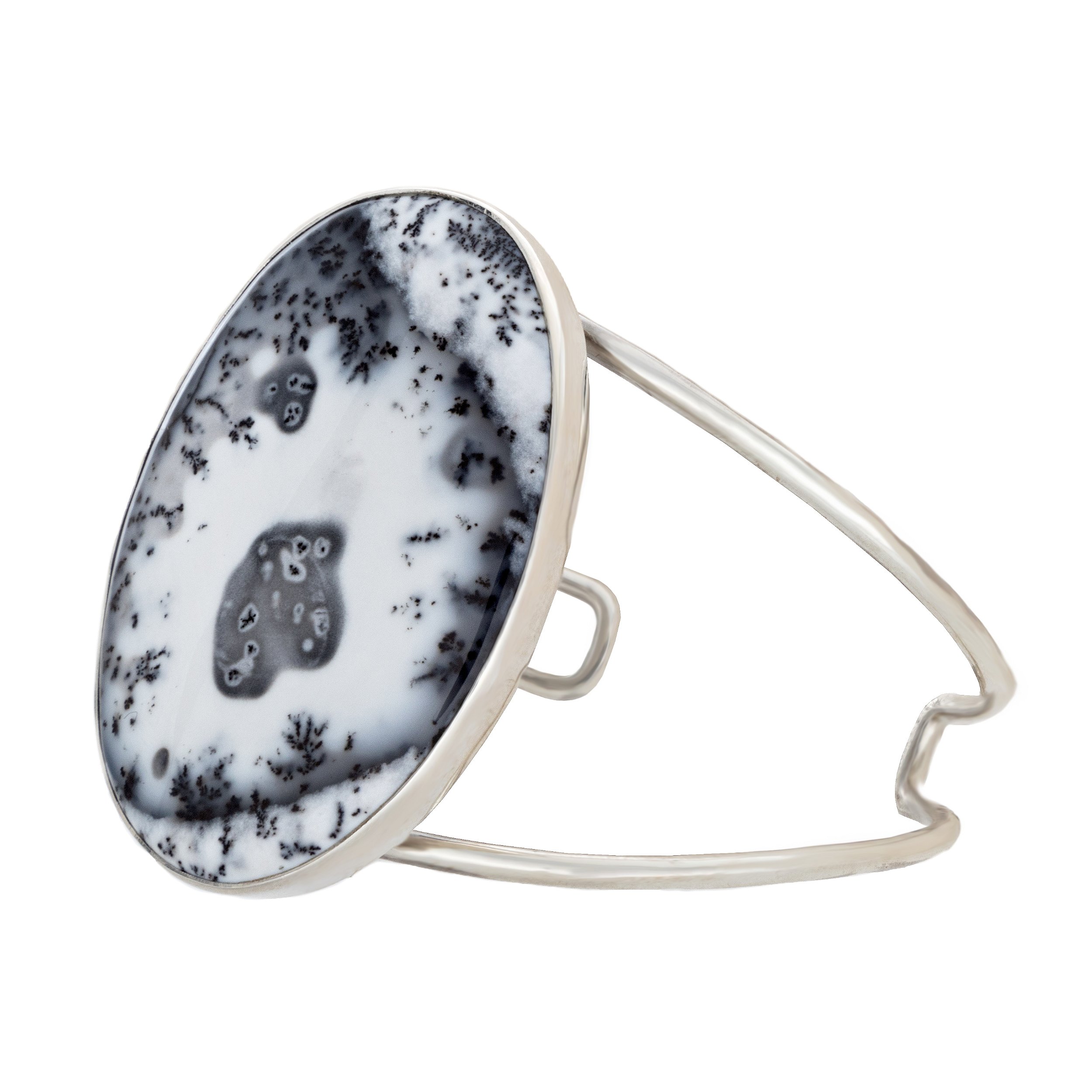 Dendritic Opal Cuff - Oval Cabochon With Sterling Silver Bezel On Open Double Cuff - 2"+