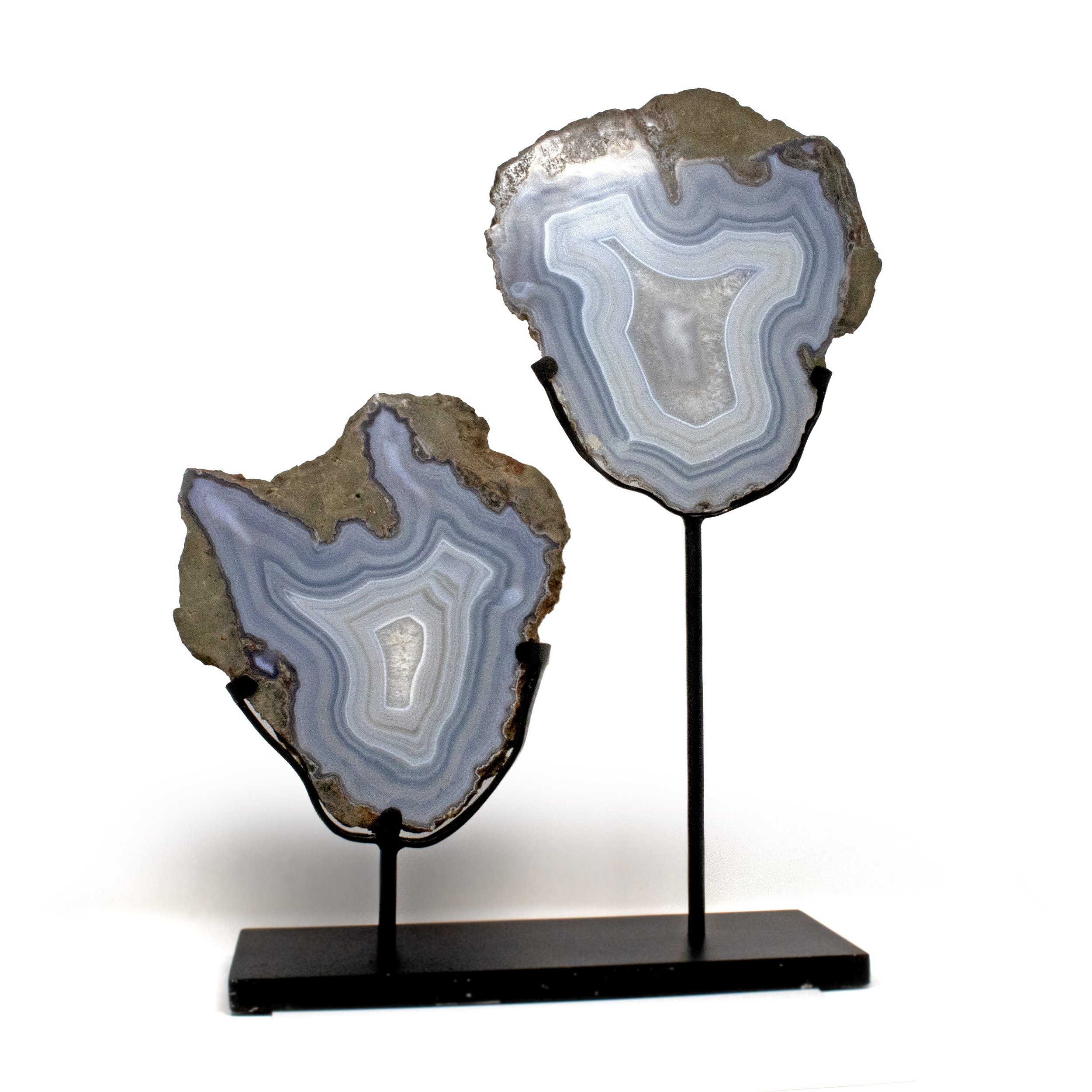 Blue Agate Banded Slice Pair On Fitted Stand
