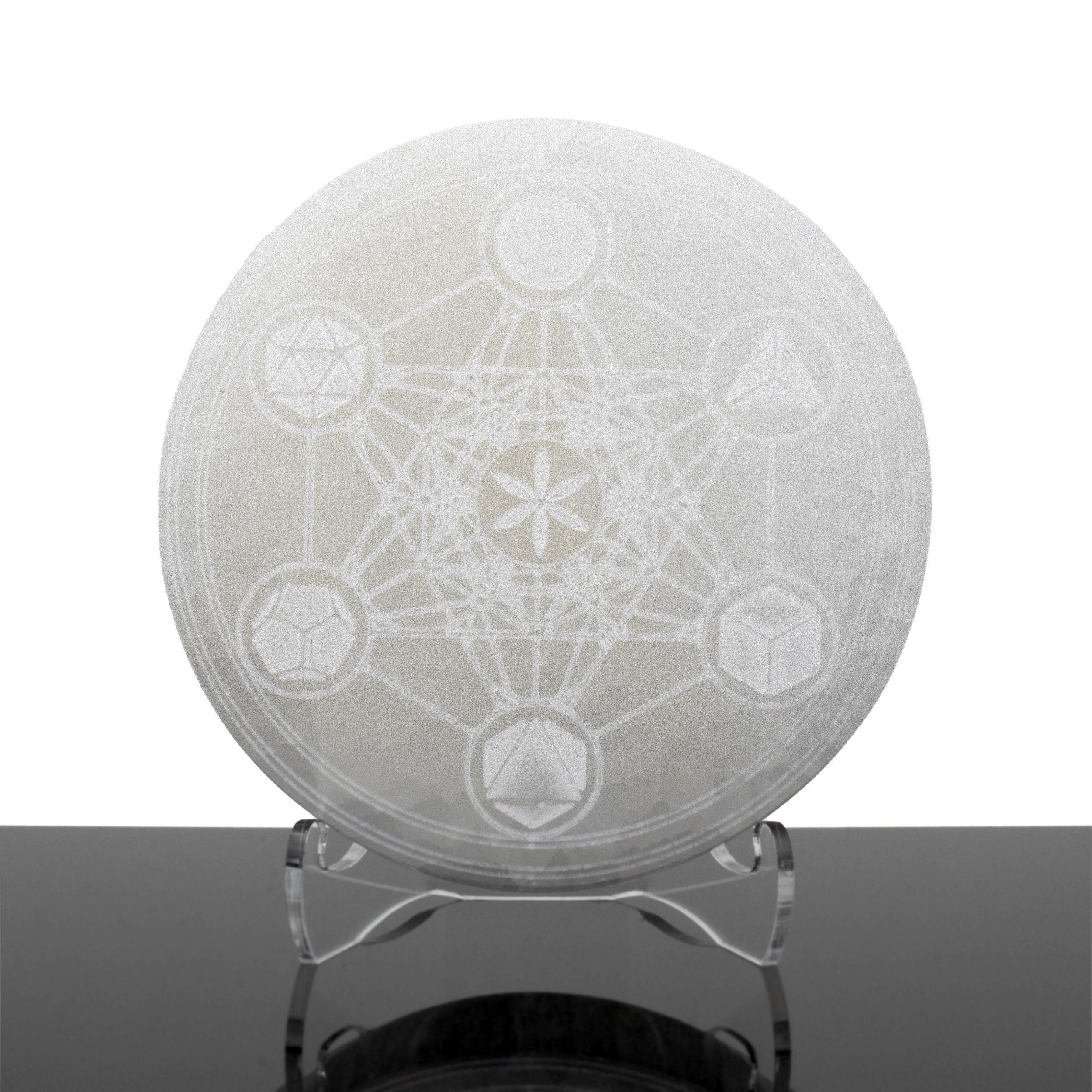 Engraved Selenite Disc - Metatron Cube with Platonic Solids - Sacred Geometry