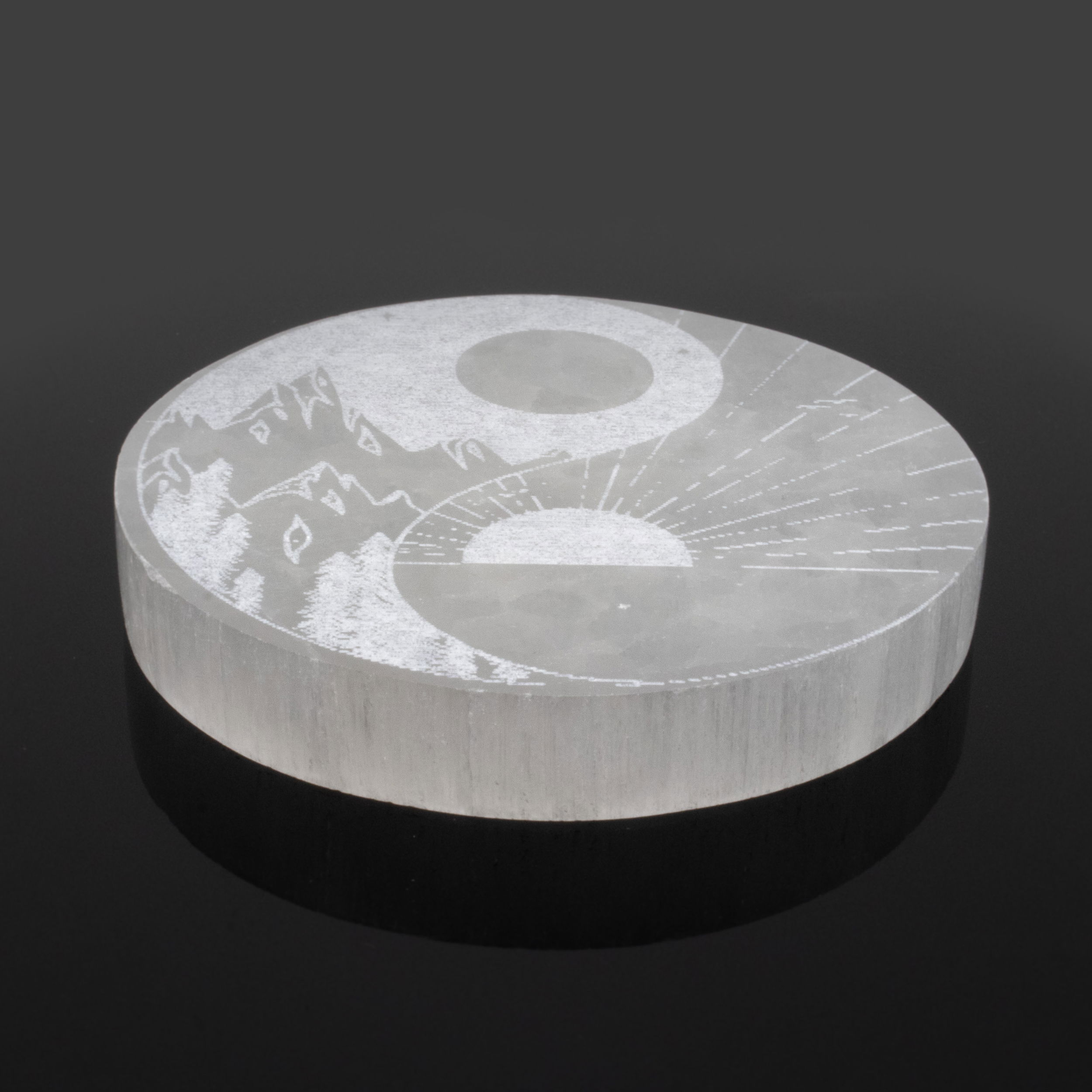 Engraved Selenite Disc - Yin Yang with Mountain & Sun from Morocco