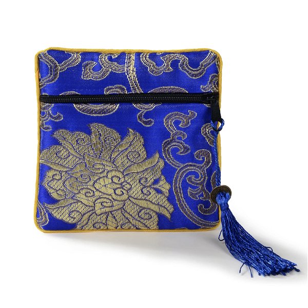 Closeup photo of Blue Silk Jewelry Pouch with Zipper