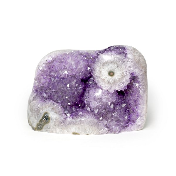 Closeup photo of Amethyst Druzy Geode With Cutbase - Square Shaped With Polished Stalactite Eye In Right Corner