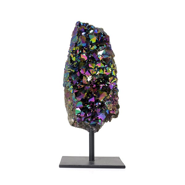 Closeup photo of Rainbow Aura Coated Crystal Cluster On A Post Stand - Thin Rectangular Shape