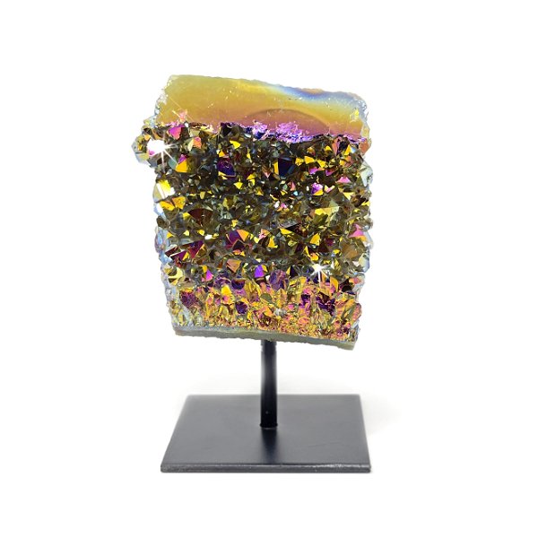 Closeup photo of Rainbow Aura Coated Crystal Cluster On A Post Stand - Concave Rectangular Face With Smooth Top