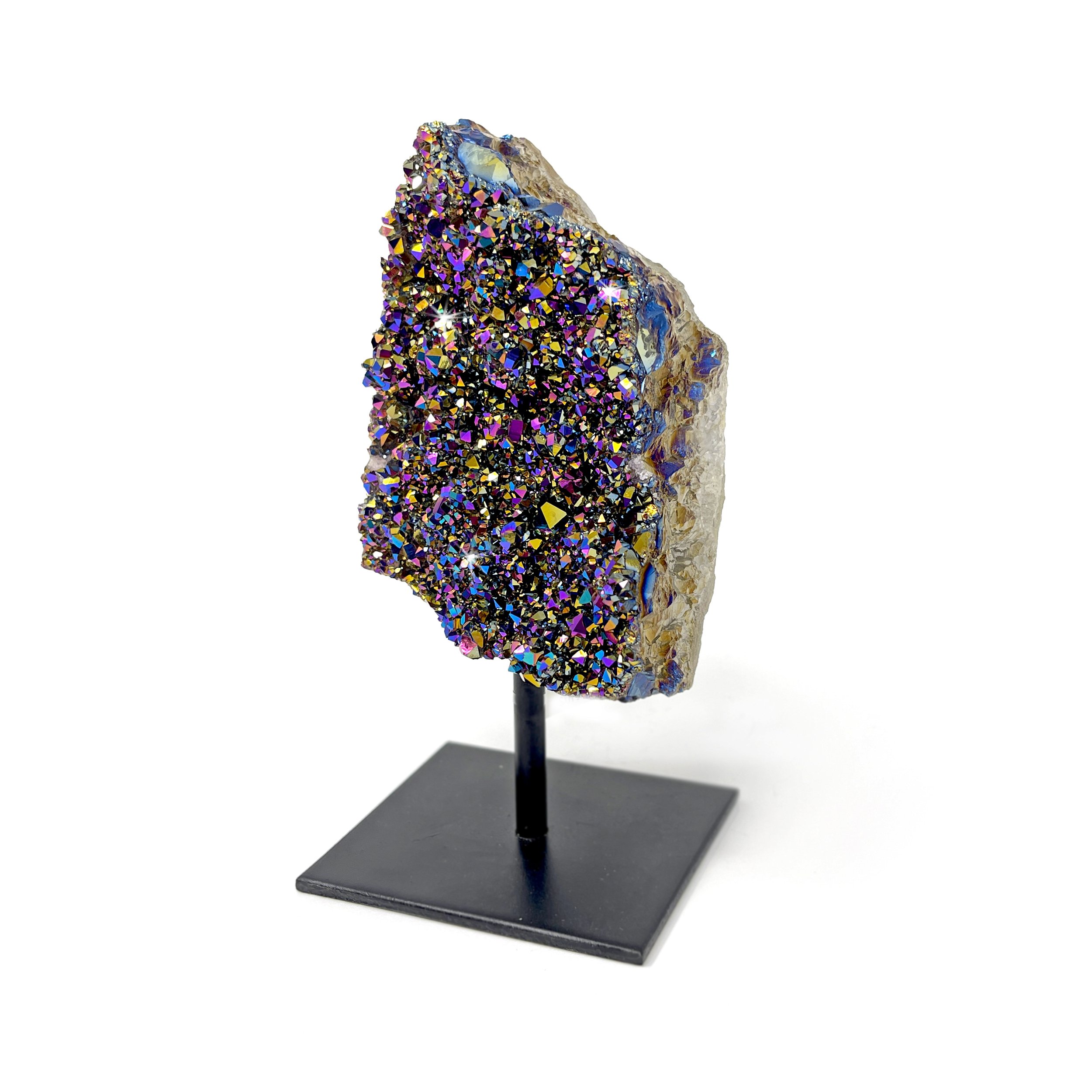 Rainbow Aura Coated Crystal Cluster On A Post Stand - Rectangular Druzy Shape