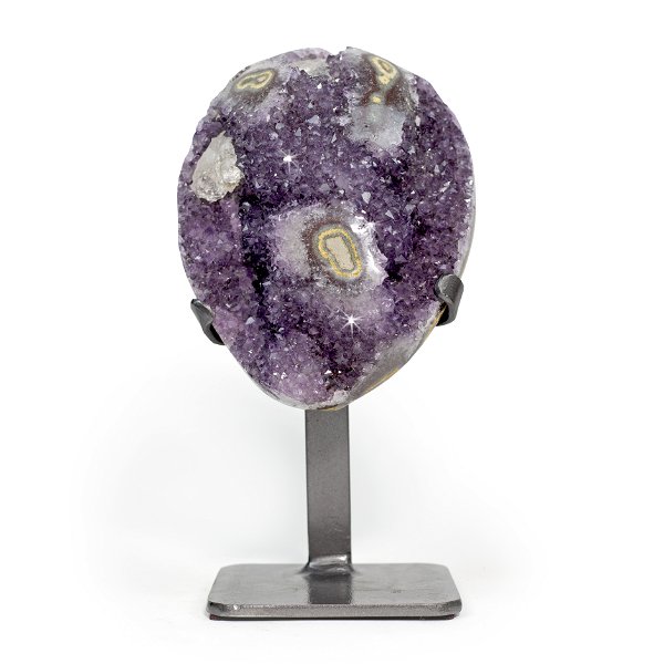 Closeup photo of Polished Druzy Amethyst Cluster On Fitted Stand With Stalactite Eyes