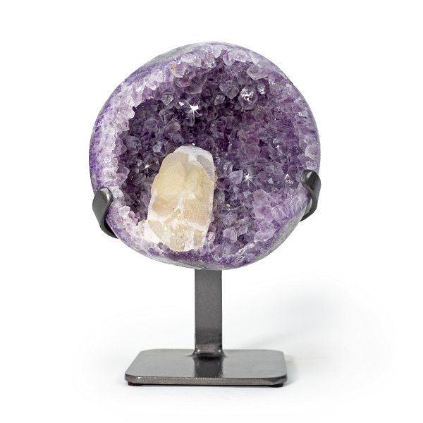 Closeup photo of Polished Amethyst Cluster On Fitted Stand With Large Calcite Crystal Inclusion