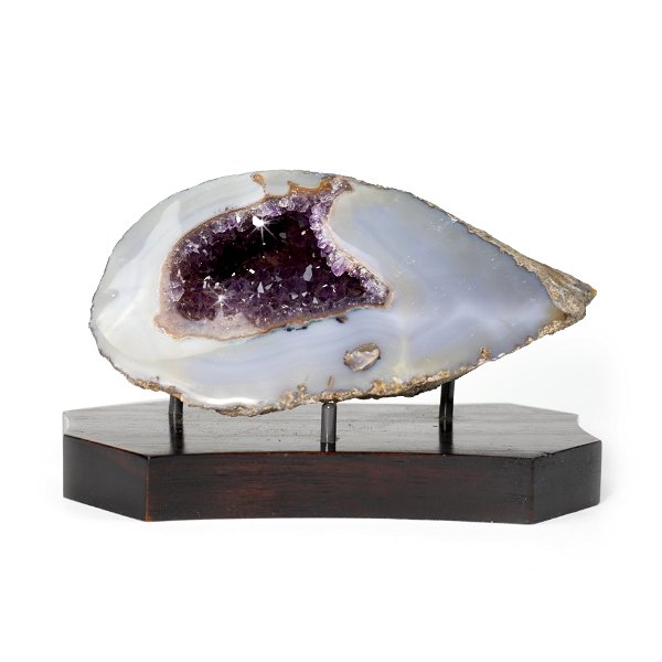 Closeup photo of Polished Druzy Geode With Three Prong Wood Base And Amethyst Center