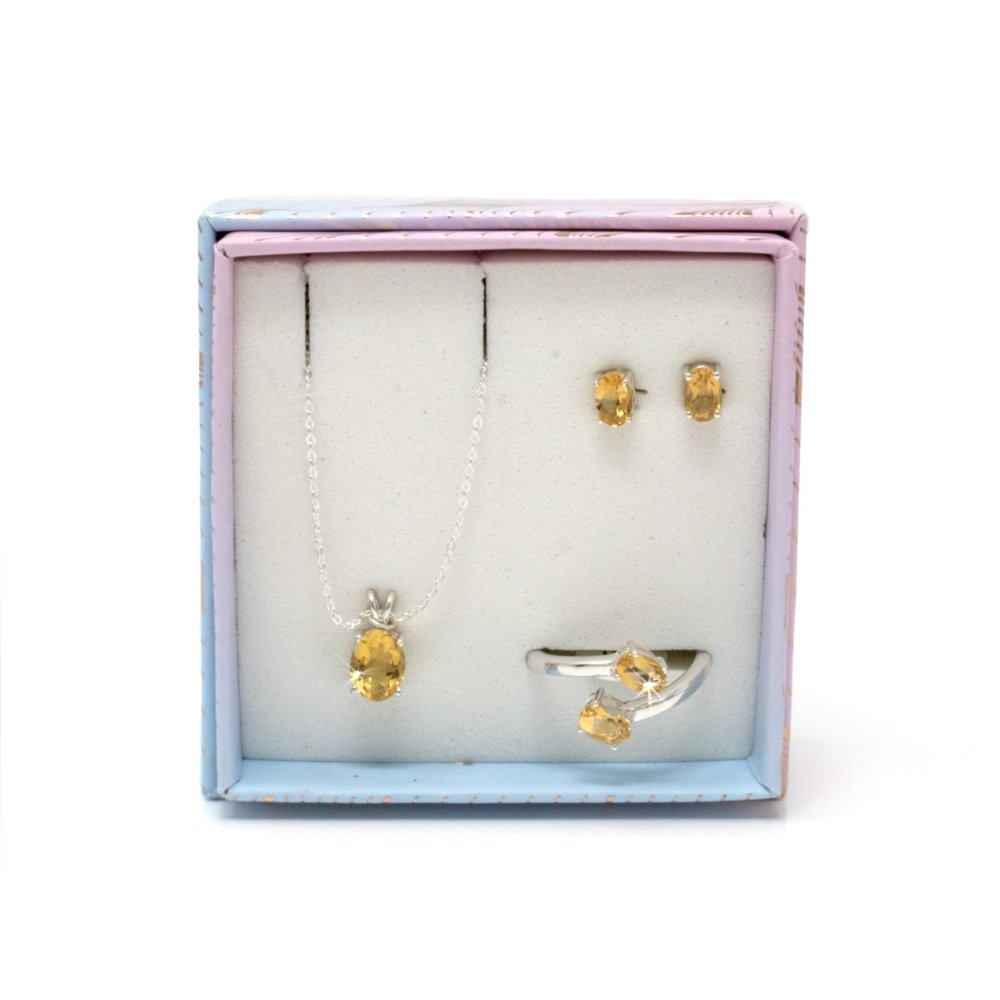 Faceted Citrine Set With Necklace & Stud Earrings & Duo Ring With Open Top - Faceted Prong Set Oval Size 7