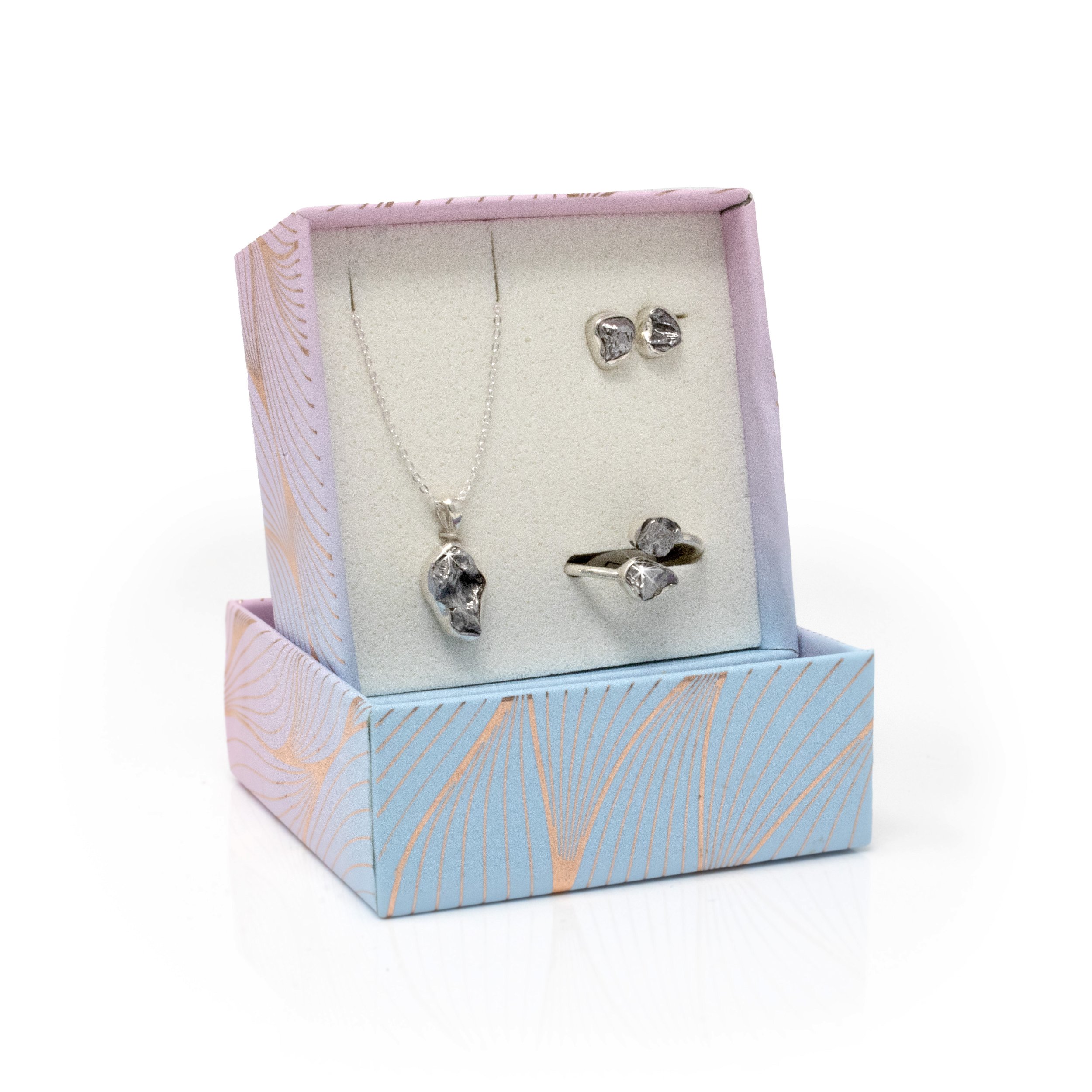 Campo De Cielo Set With Necklace & Stud Earrings & Duo Ring With Open Top - Bezel Set Nuggets Size 7