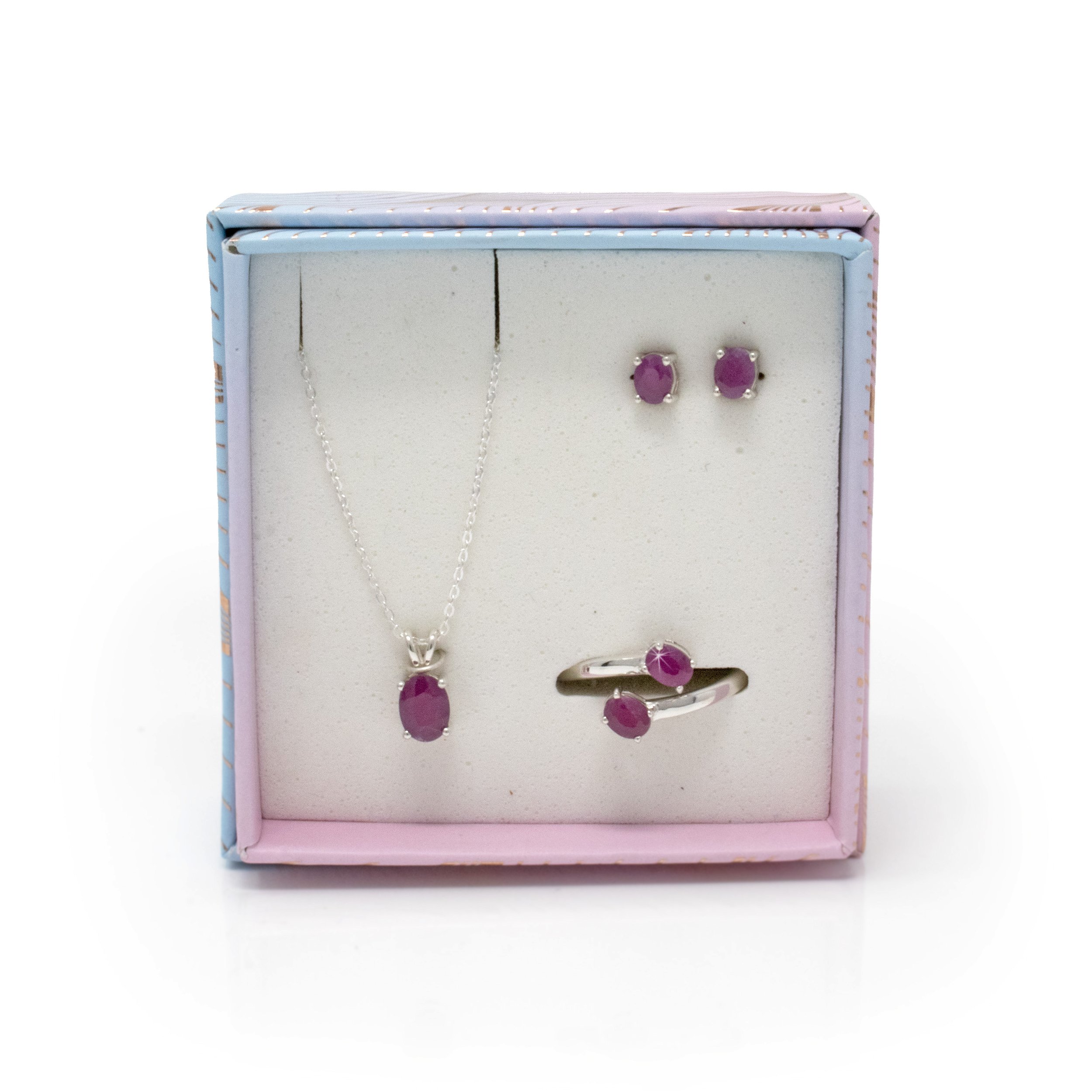 Faceted Ruby Set With Necklace & Stud Earrings & Duo Ring With Open Top - Faceted Prong Set Oval Size 7