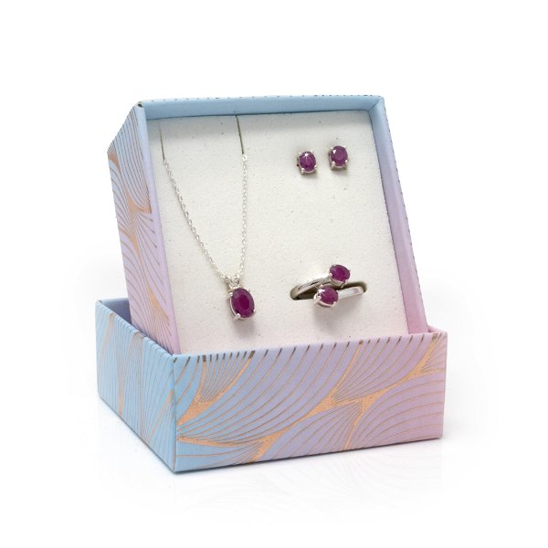 Closeup photo of Faceted Ruby Set With Necklace & Stud Earrings & Duo Ring With Open Top - Faceted Prong Set Oval Size 7