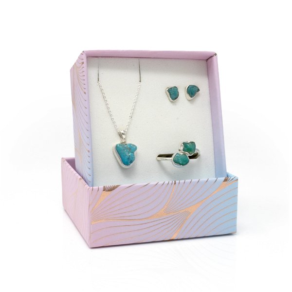 Closeup photo of Turquoise Set With Necklace & Stud Earrings & Duo Ring With Open Top - Bezel Set Nuggets Size 7