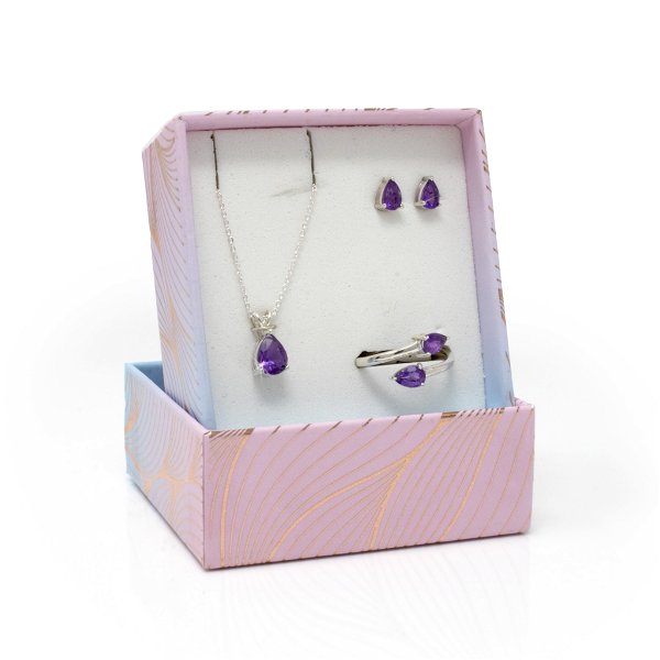 Closeup photo of Faceted Amethyst Set With Necklace & Stud Earrings & Duo Ring With Open Top - Faceted Prong Set Pear Size 7