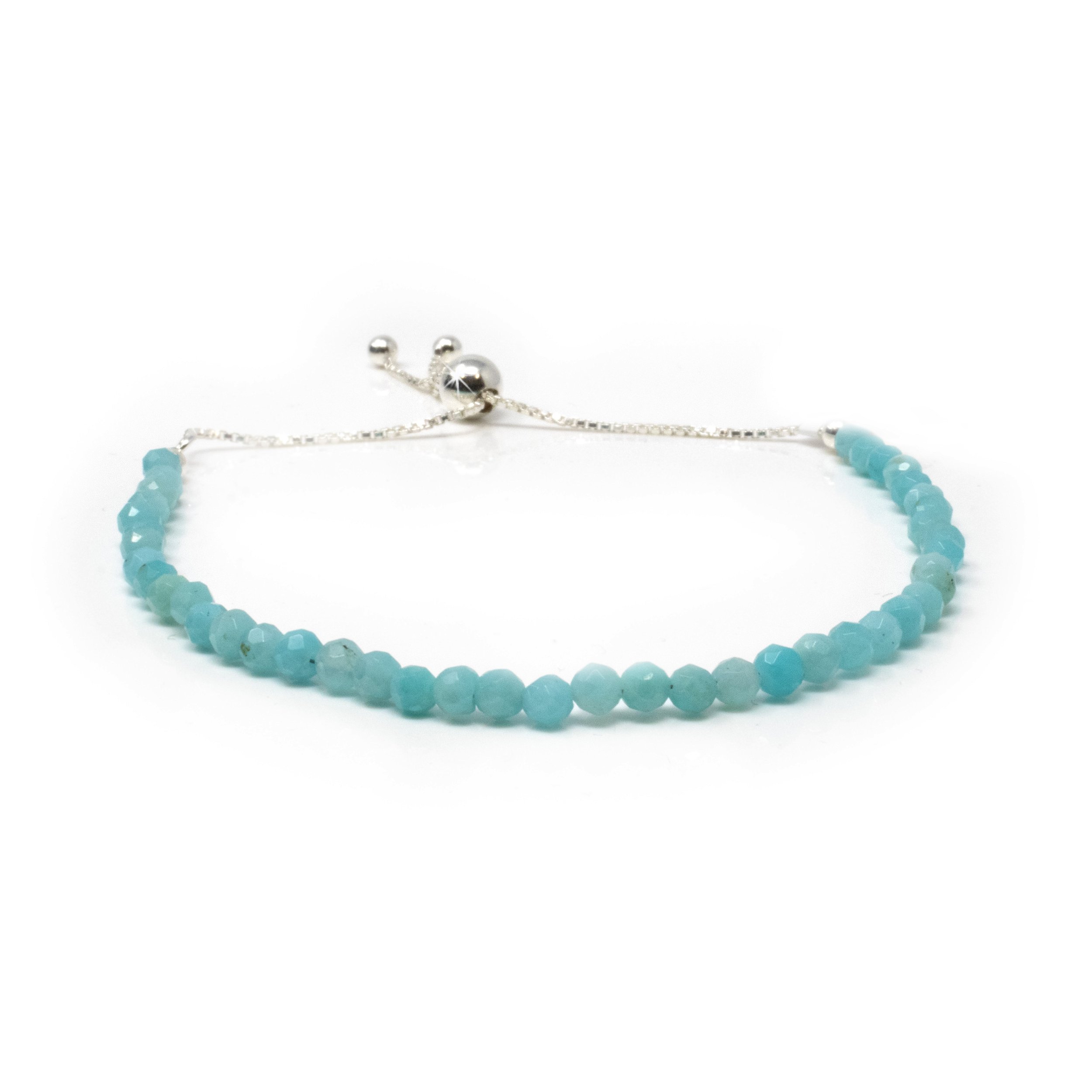 Amazonite Beaded Bracelet - Faceted Bicone Beads With 925 Sterling Silver Adjustable Ball & Chain