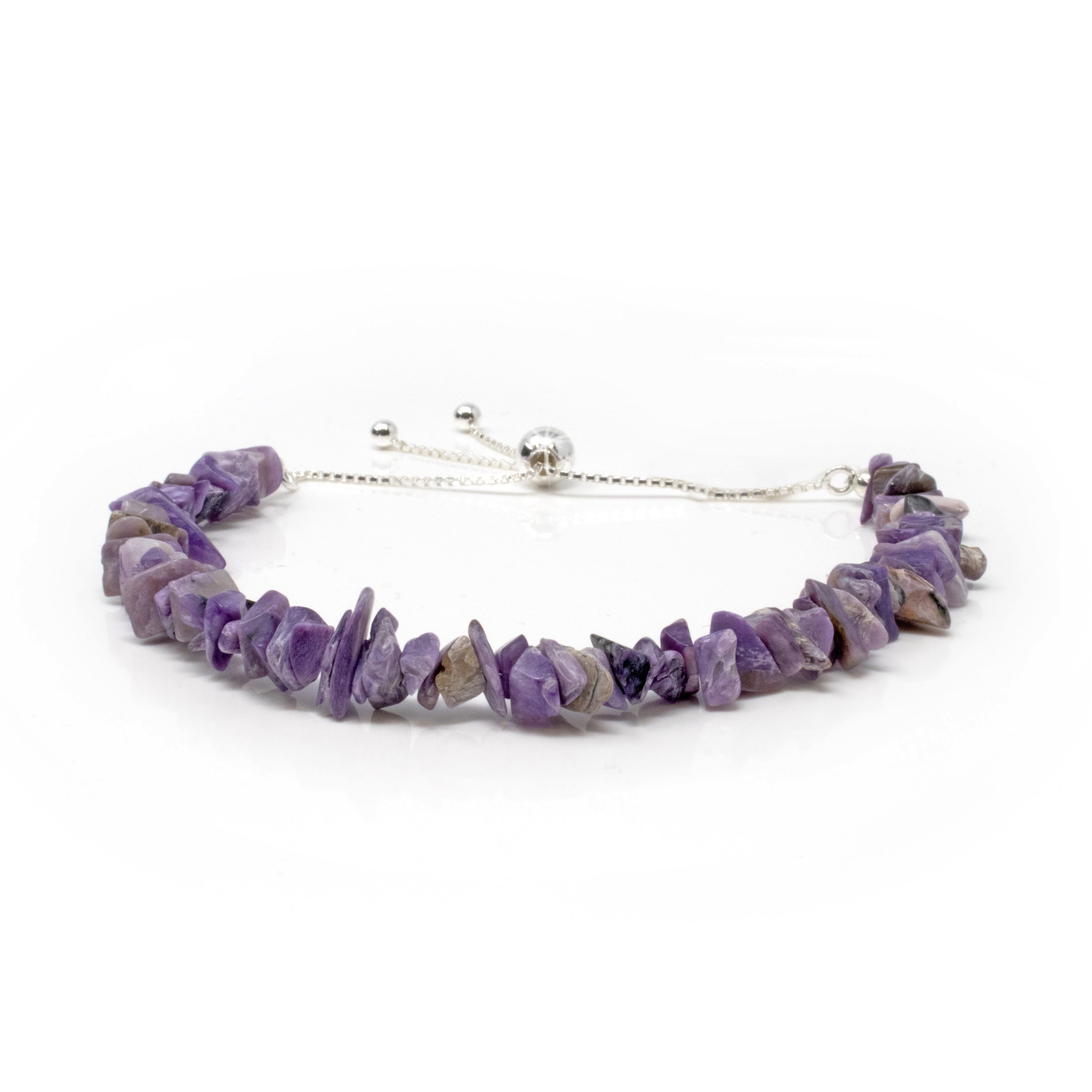 Charoite Chip Beaded Bracelet With 925 Sterling Silver Adjustable Ball & Chain