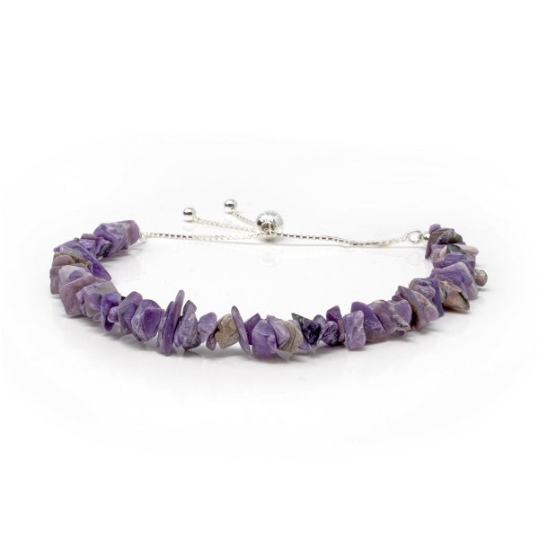 Closeup photo of Charoite Chip Beaded Bracelet With 925 Sterling Silver Adjustable Ball & Chain