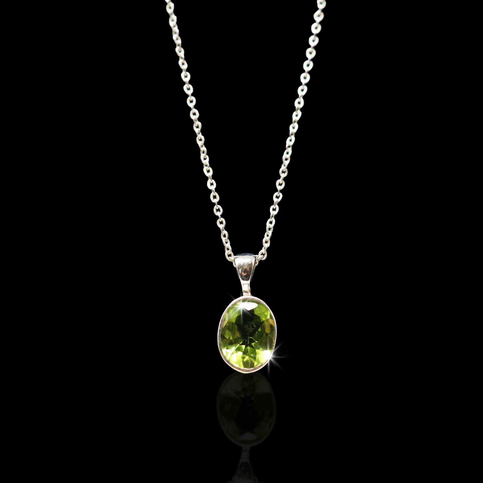 Peridot Necklace - Dainty Faceted Oval With Silver Bezel
