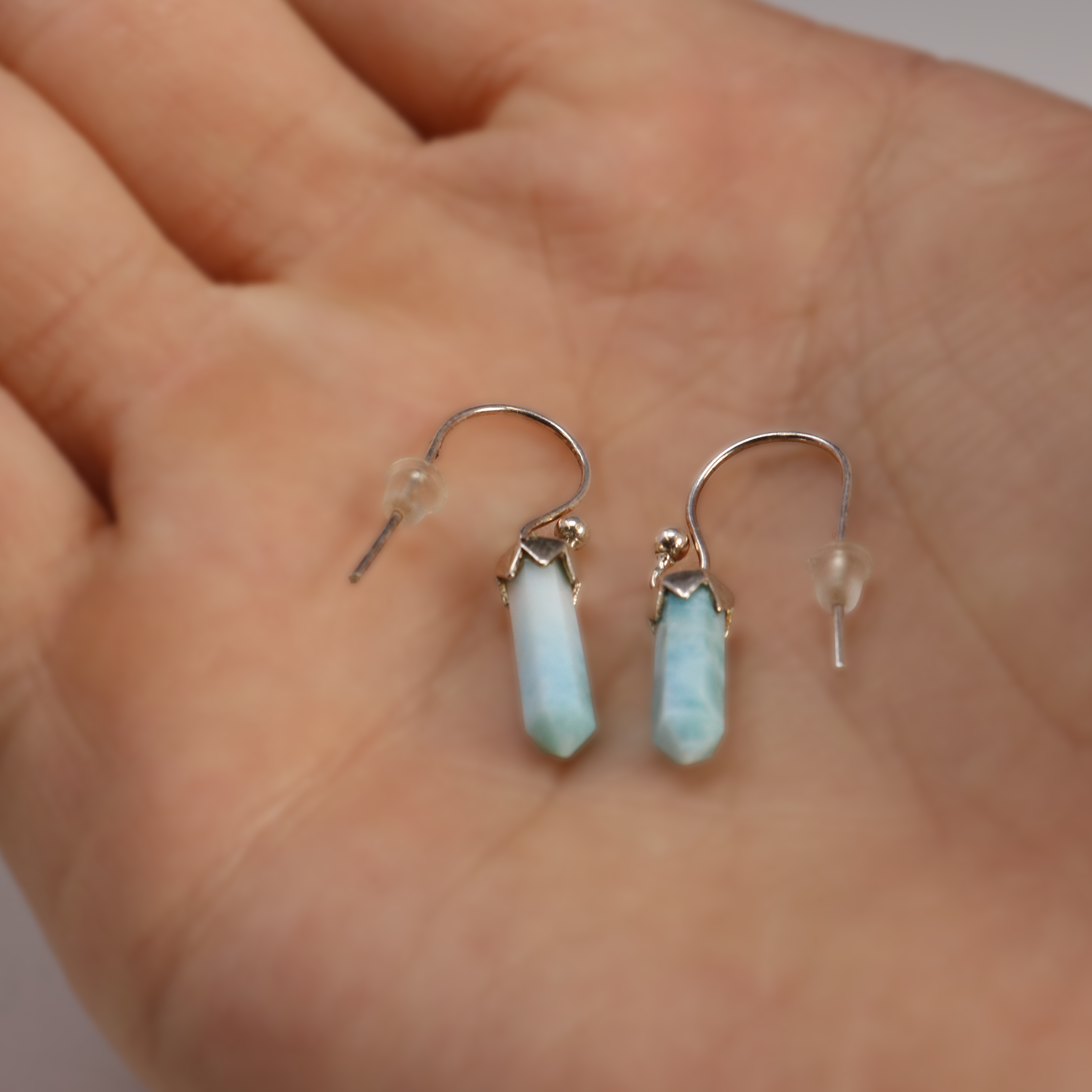 Larimar Dangle Earrings - Single Laser Point With 925 Sterling Silver Scalloped Lantern Top Bezel