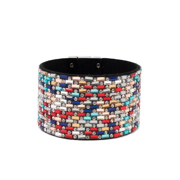 Closeup photo of Wide Multicolor Baguette Crystal Wrap Bracelet with Twist Buckle