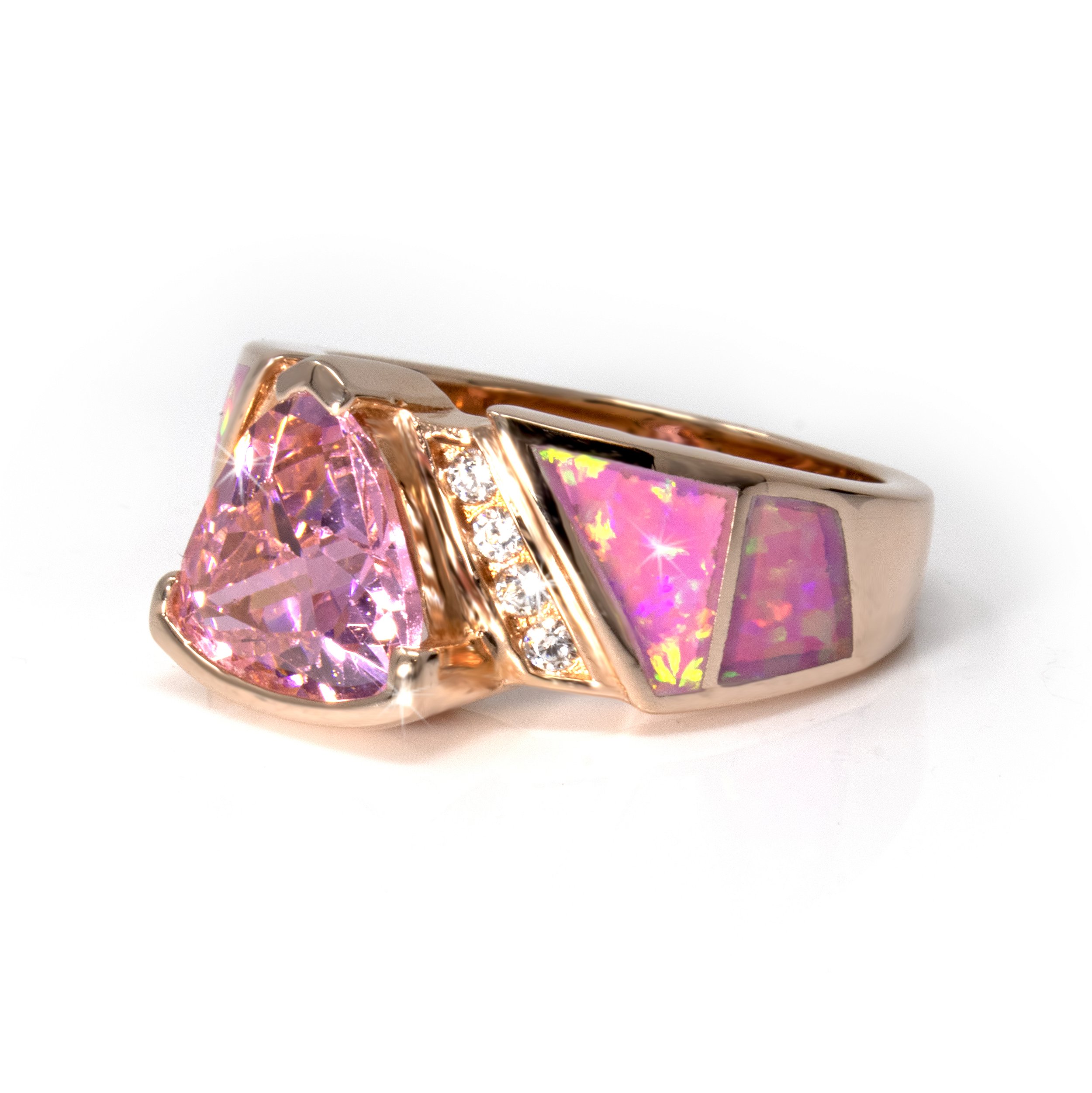 Pink Opal Ring with Rose Gold Overlay Size 8 - Inlaid Top Band With Amethyst Cz Trillion Set In Raised Sterling Silver Half Bezel & 2 White Cz Trios On Side