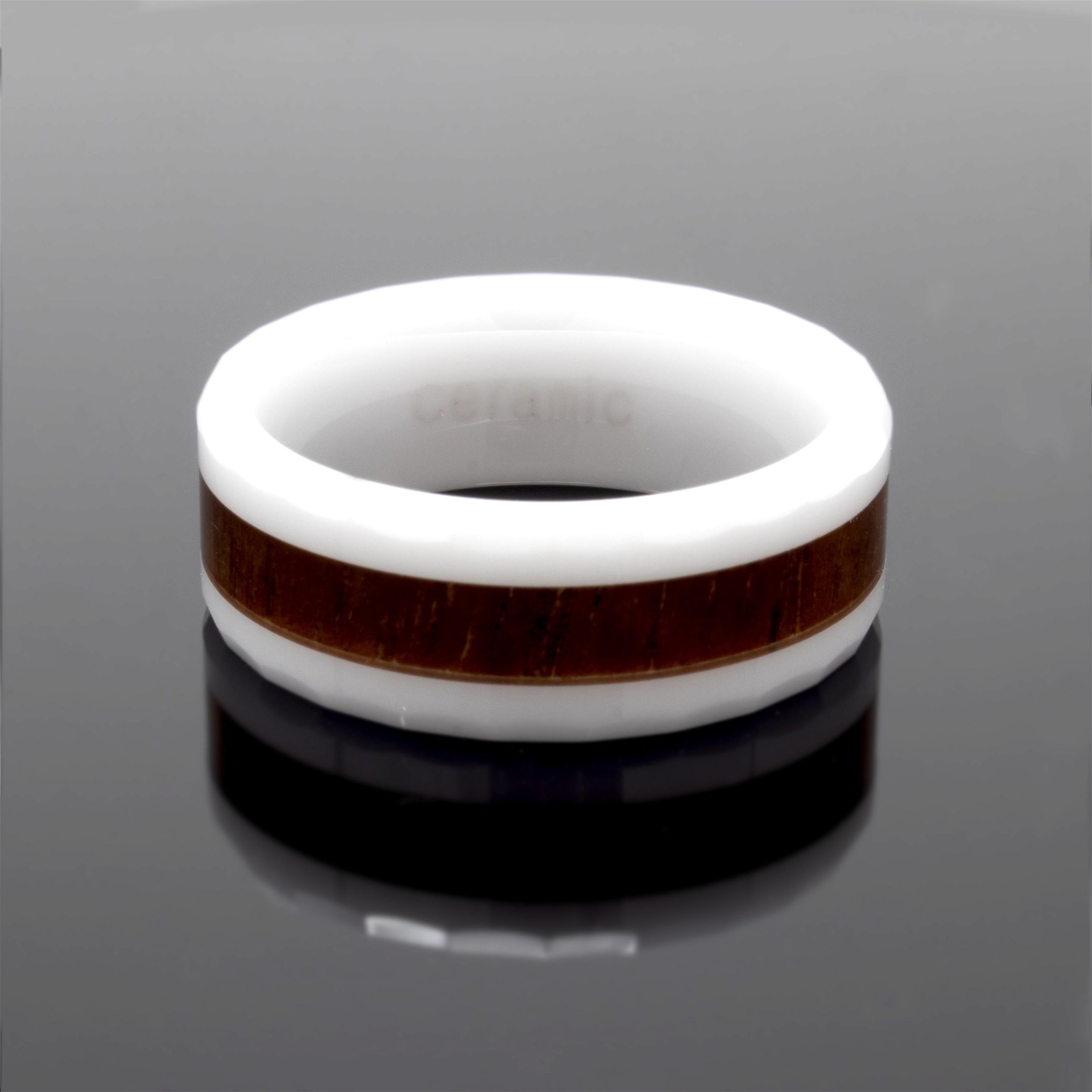 Ceramic Ring Size 10 - 8mm Hawaiian Koa Inlay Faceted Edge