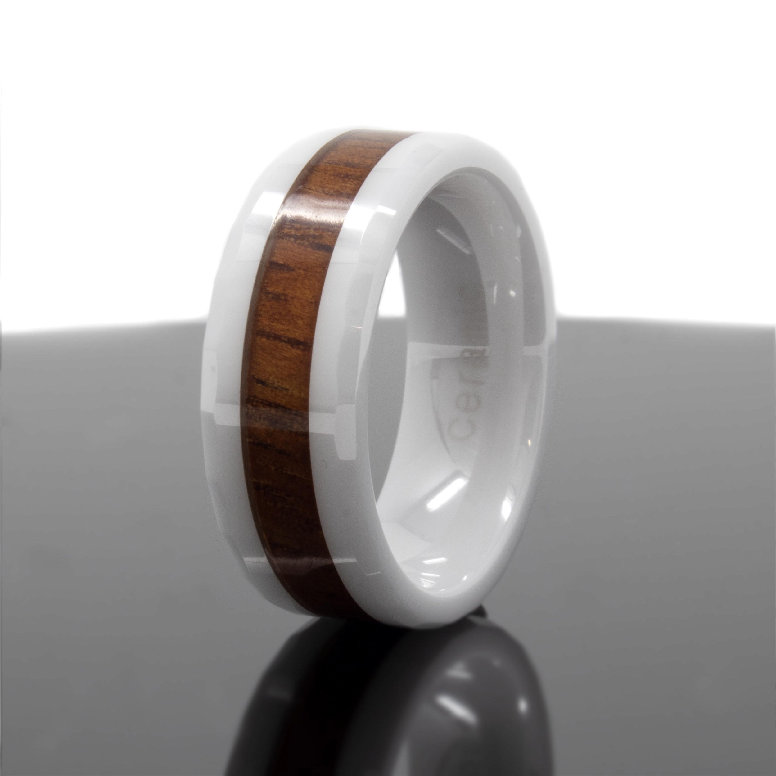 Ceramic Ring Size 9.5 - 8mm Hawaiian Koa Inlay Faceted Edge