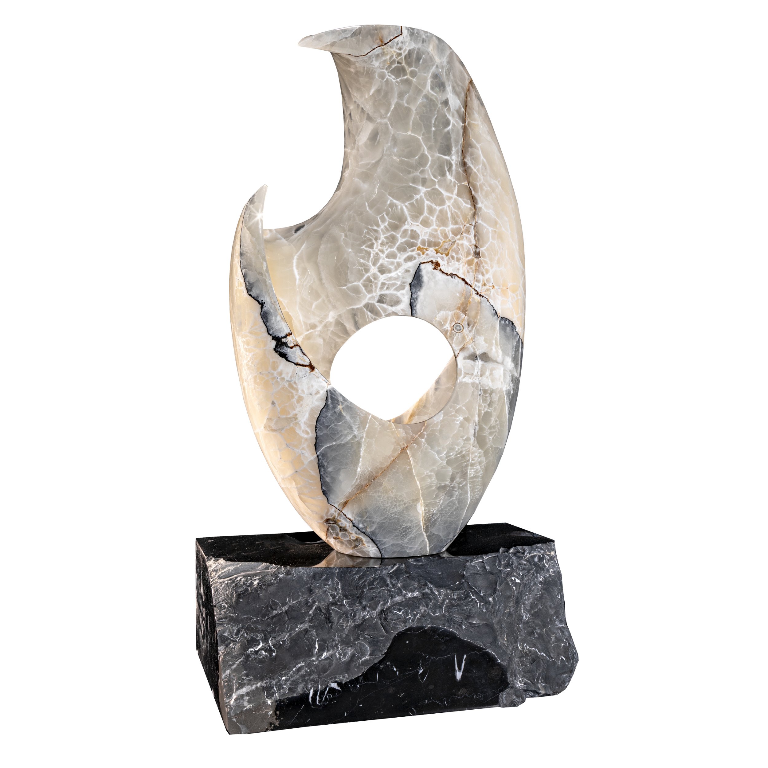 Pearlescent Onyx Sculpture - Hole in Centered Wave with Black Marble Base