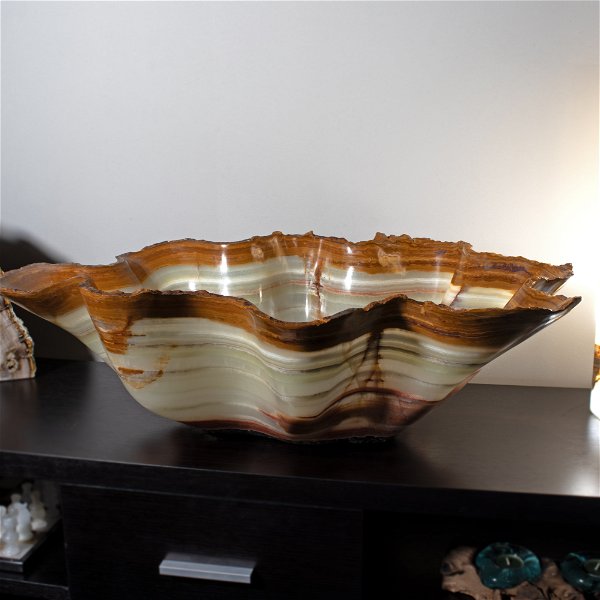 Closeup photo of Green Talan Banded Onyx Vessel with Natural Edge