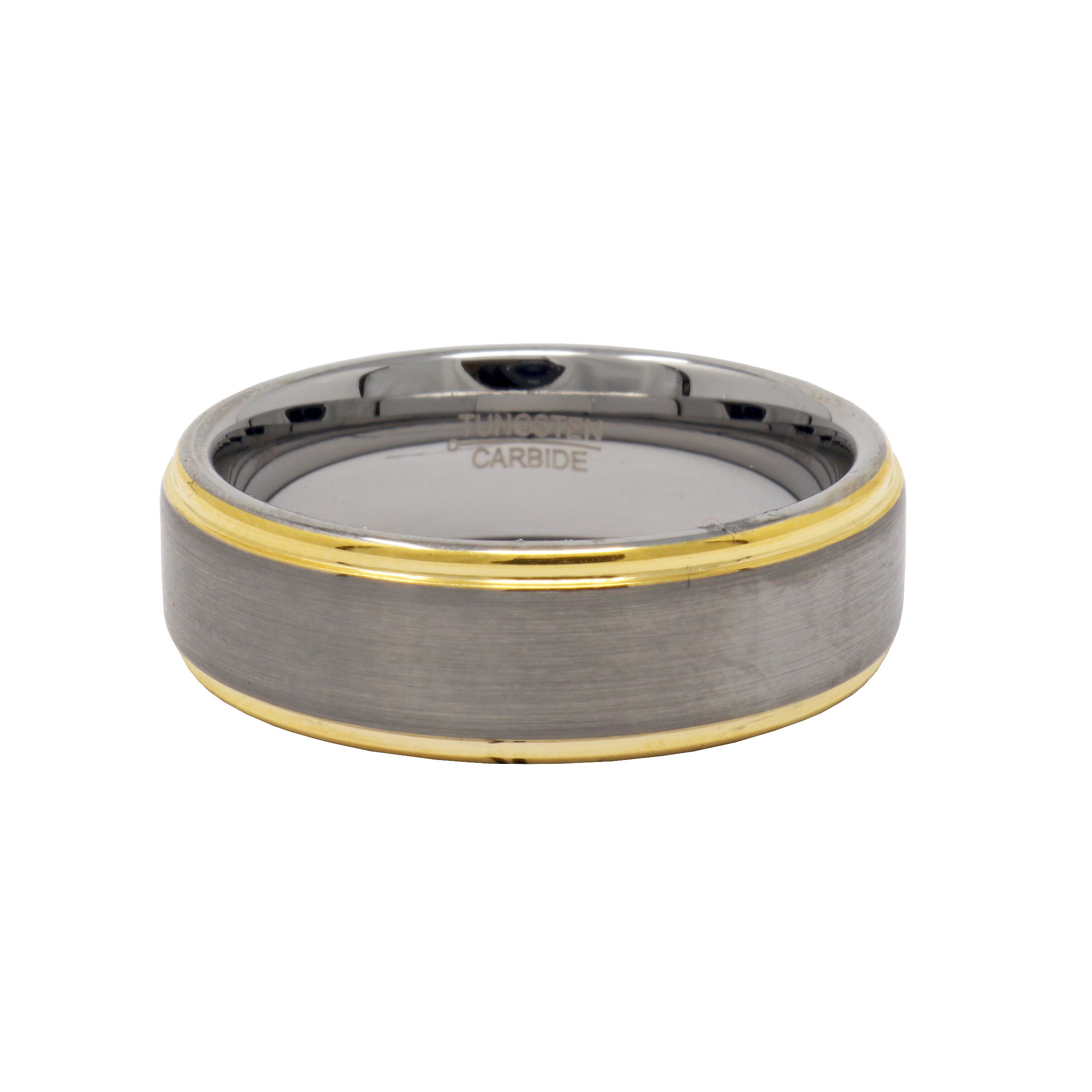 Introducing the Tungsten Ring with Gold Step! A stylish and durable accessory for any occasion. This 8mm ring, size 14, combines the strength of tungsten with the elegance of gold. Its sleek design and impeccable craftsmanship make it a must-have for fashion-forward individuals. The Tungsten Ring with Gold Step is perfect for those seeking a unique and eye-catching piece of jewelry. Tungsten Ring Size 14 with Gold Step 8mm