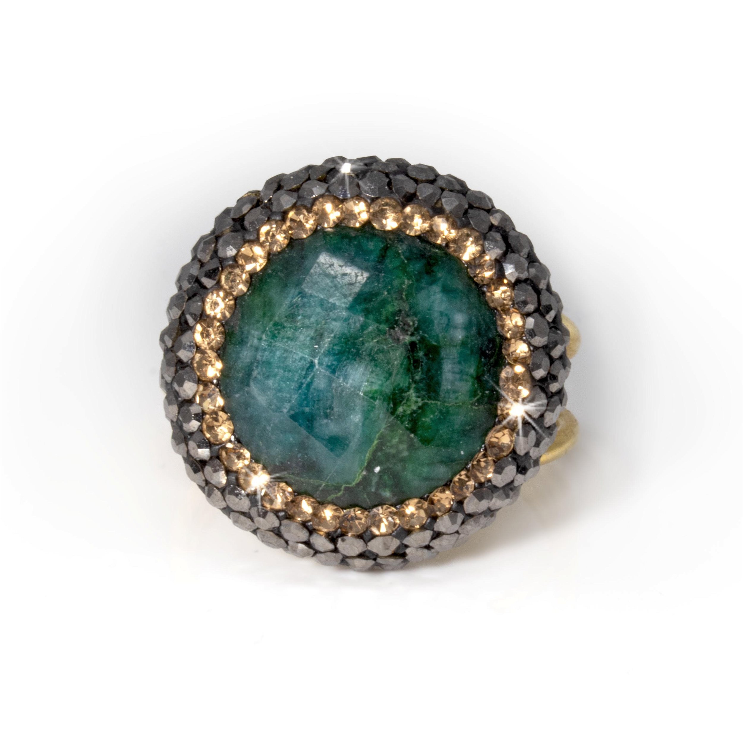 Emerald Ring Size Adjustable - Faceted Oval With Marcasite & Gold Swarovski Crystals & Gold Overlay On Double Band