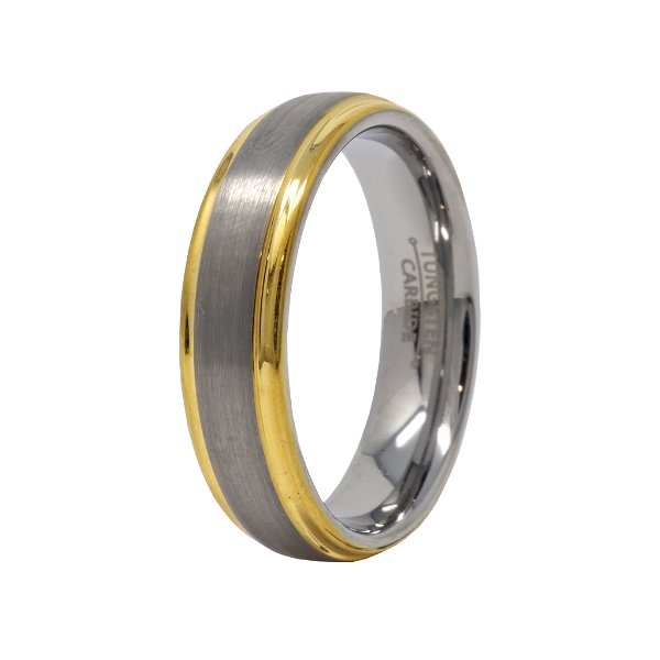 Closeup photo of Tungsten Ring Size 13 - 6mm Brushed Center Yellow Plated