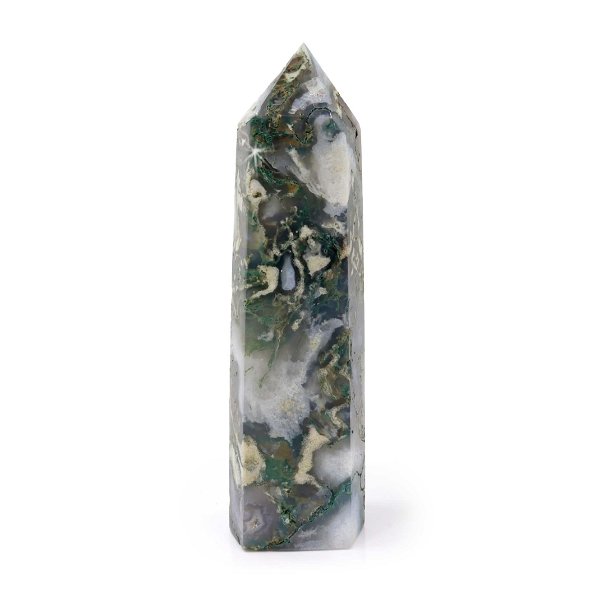 Closeup photo of Moss Agate Tower Point