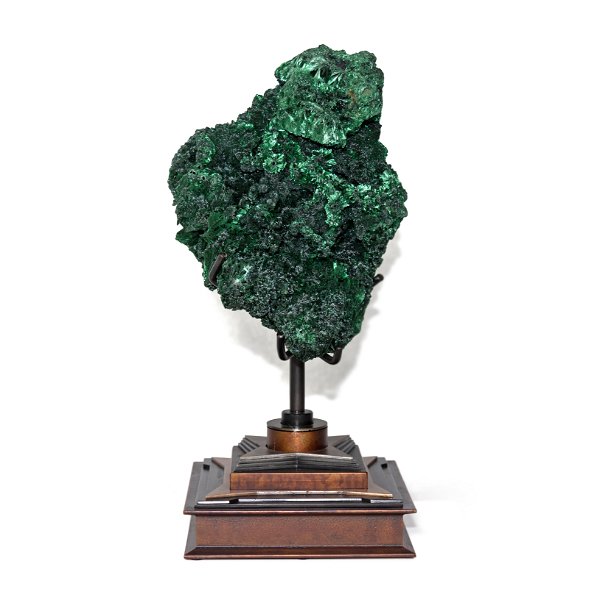 Closeup photo of Fibrous Malachite Specimen On Custom Rotating Stand With Four Point Design - From Congo