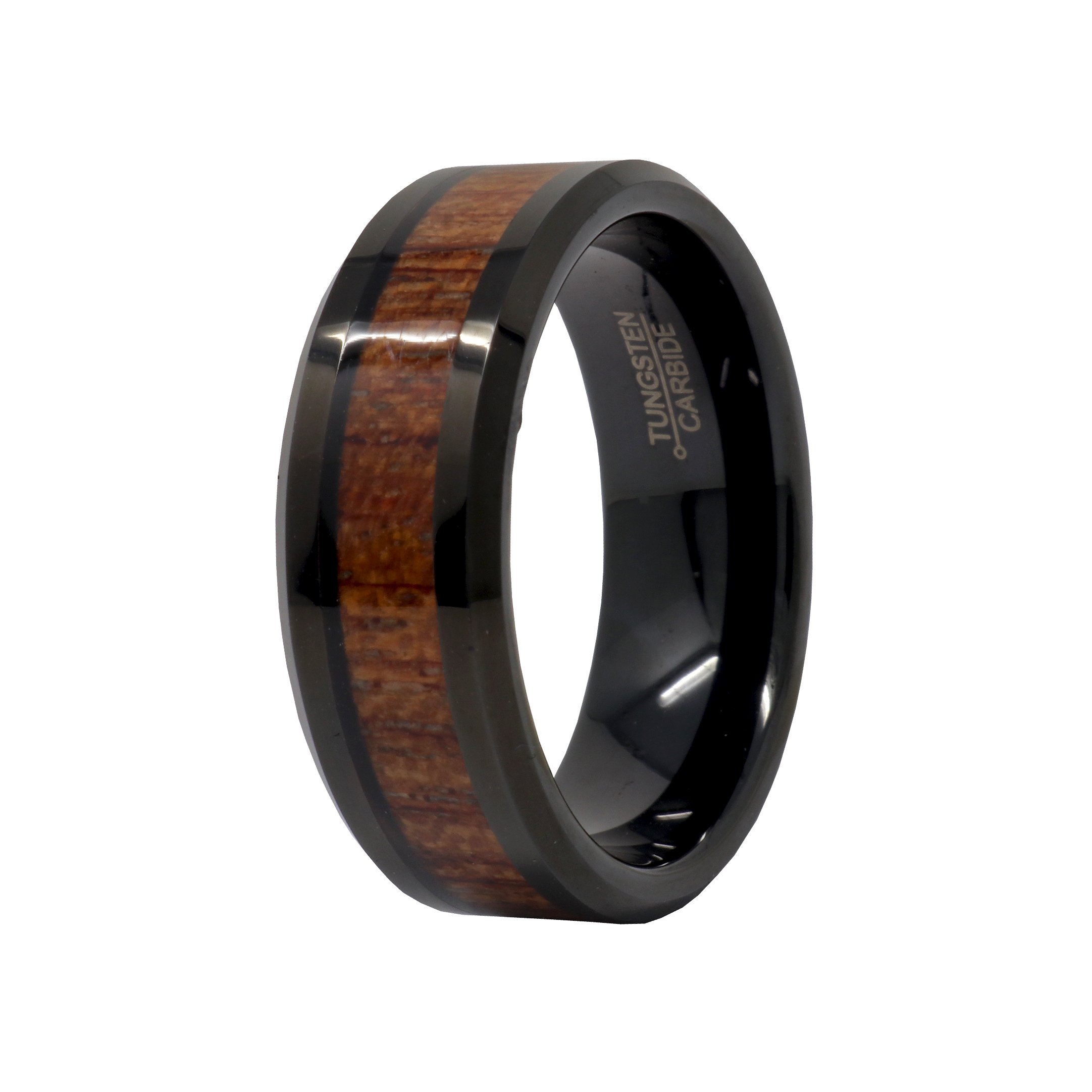 Tungsten Ring Size 13 - 8mm Black Ip Plated With Hawaiian Koa Wood Inlay