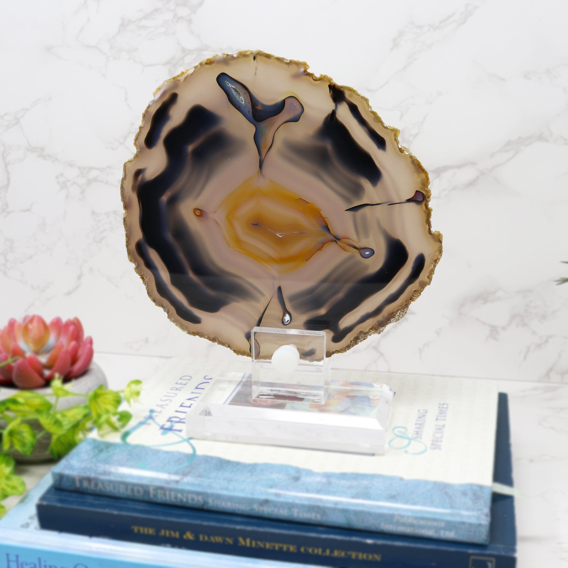 Agate Slice On Lucite Screw Stand with Butterfly Effect Pattern & Mini Druze Pockets