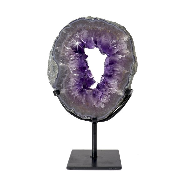 Closeup photo of Amethyst Geode Ring On Fitted Stand
