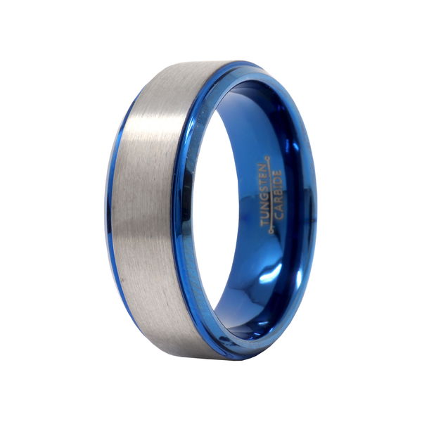 Closeup photo of Tungsten Ring Size 15 with Electric Blue Ip Plating Interior 8mm