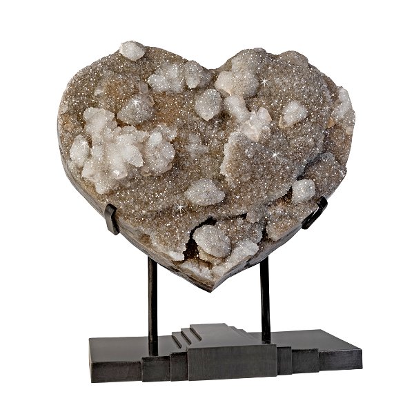 Closeup photo of Gray Quartz Druze Heart In Custom Art Deco Stand With Calcite Crystal & Stalactite Inclusion - High Movement