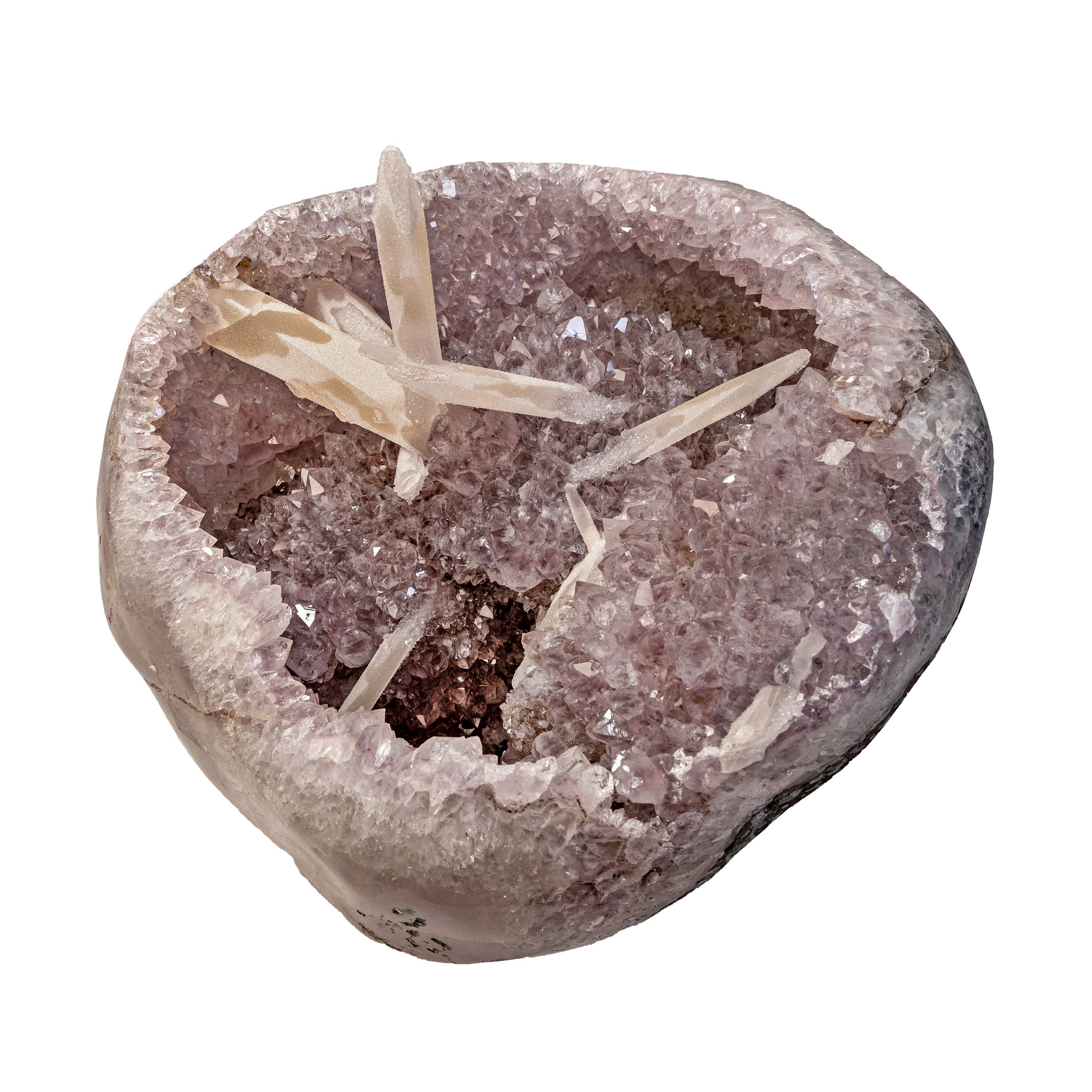 Rose De France Geode With Calcite Bridge Crystals Inclusions And Cut Base