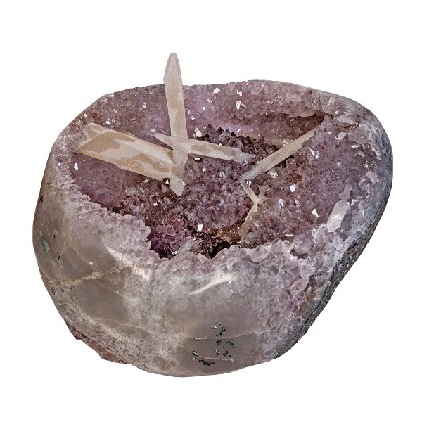Closeup photo of Rose De France Geode With Calcite Bridge Crystals Inclusions And Cut Base